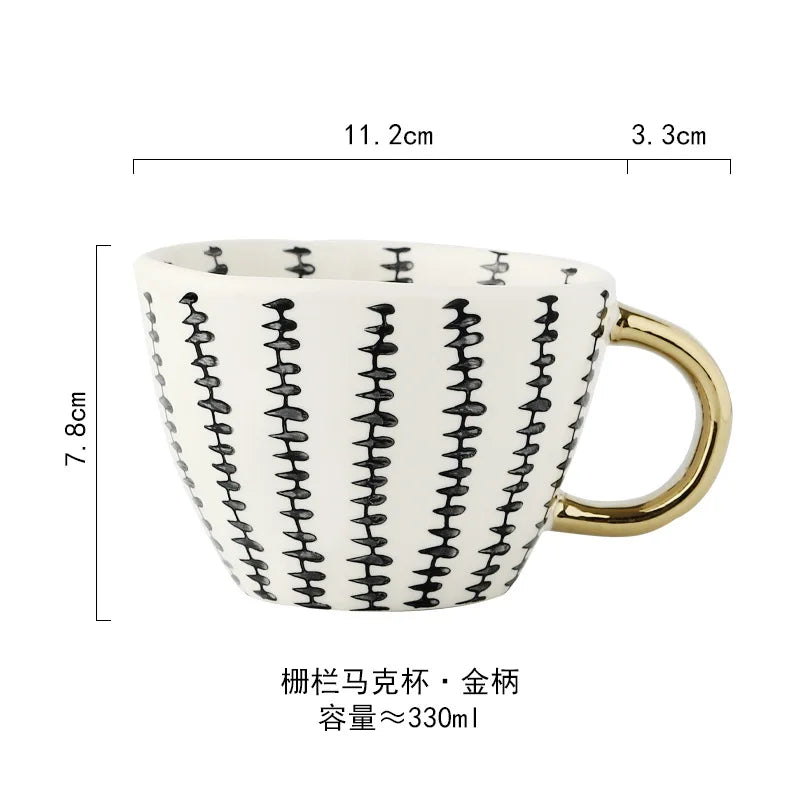 Hand-Painted Geometric Ceramic Mug with Gold Handle — Handmade Irregular Cup for Coffee & Tea