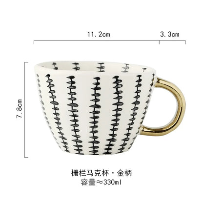 Hand-Painted Geometric Ceramic Mug with Gold Handle — Handmade Irregular Cup for Coffee & Tea
