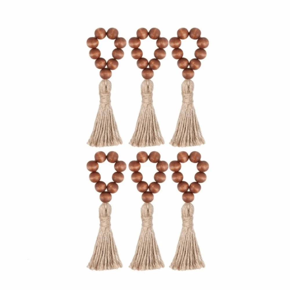 Farmhouse Wooden Bead Napkin Rings — Set of 6 with Tassel String | Handmade Table Decor