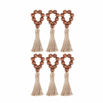 Farmhouse Wooden Bead Napkin Rings — Set of 6 with Tassel String | Handmade Table Decor