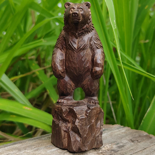 Wood-Carved Standing Bear Ornament — Natural Forest-Style Desk & Shelf Decor Sculpture