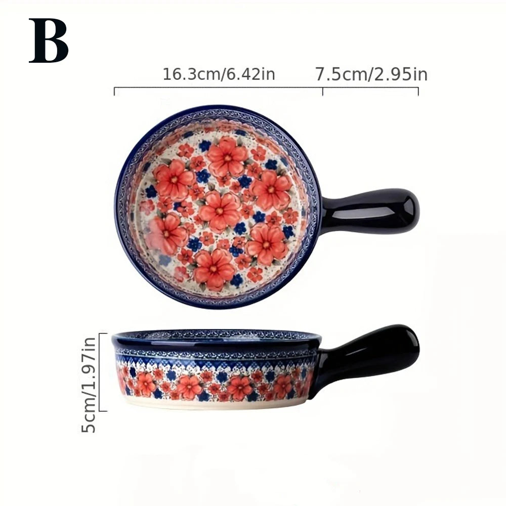 Hand-Painted Floral Ceramic Roasting Pan with Handles — Oven-Safe Casserole & Baking Dish