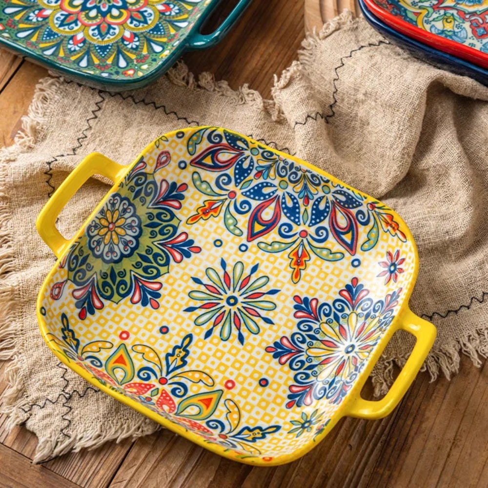 Bohemian Double Ear Ceramic Salad Plate — 9-Inch Square Pasta Dish, Oven & Microwave Safe in 8 Colors