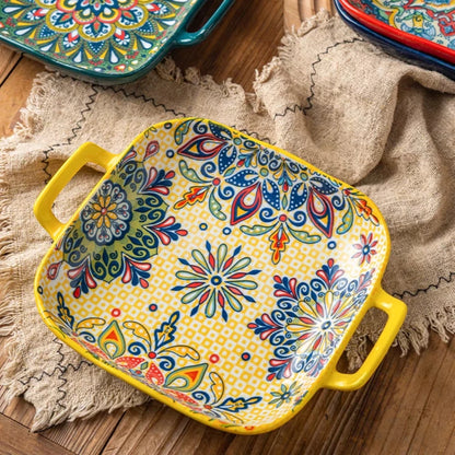 Bohemian Double Ear Ceramic Salad Plate — 9-Inch Square Pasta Dish, Oven & Microwave Safe in 8 Colors