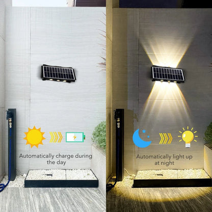 Solar Outdoor Wall Lamp — IP65 Waterproof Up & Down Warm Light for Garden, Balcony & Yard in 6 Sizes