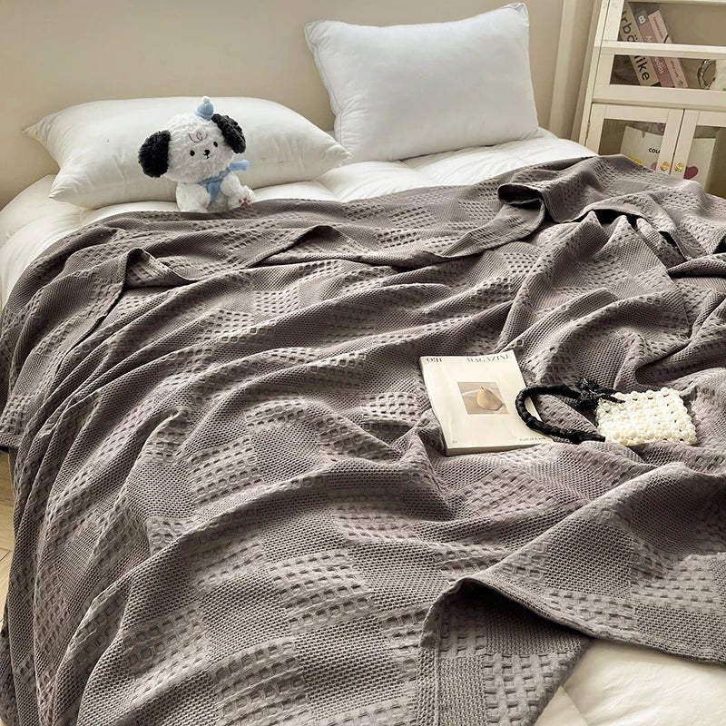 100% Cotton Waffle Knit Throw Blanket — Soft Breathable Sofa & Bed Throw