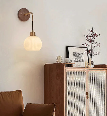 Japanese Retro Copper Wall Lamp — Walnut Wood & Frosted Glass Sconce for Bedroom & Hallway