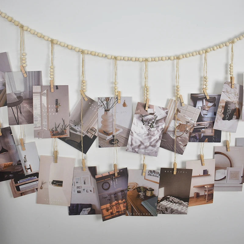 Boho Photo Display Wall Hanging — Wooden Bead & Hemp Rope Macrame with Clips