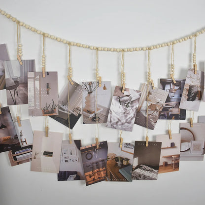 Boho Photo Display Wall Hanging — Wooden Bead & Hemp Rope Macrame with Clips