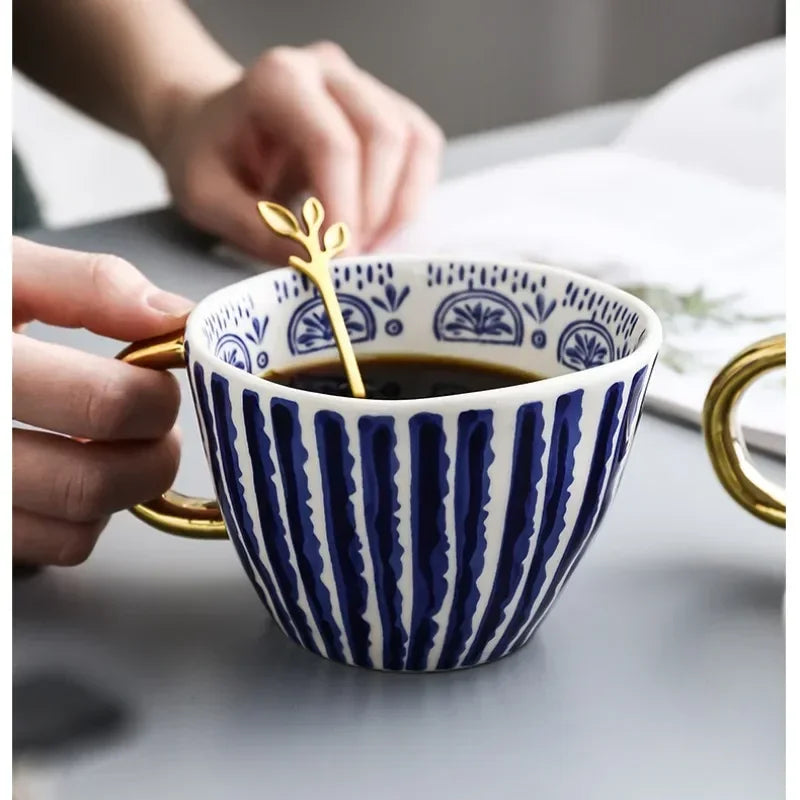 Hand-Painted Geometric Ceramic Mug with Gold Handle — Handmade Irregular Cup for Coffee & Tea