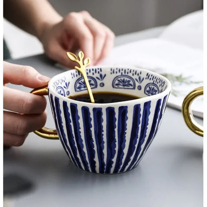 Hand-Painted Geometric Ceramic Mug with Gold Handle — Handmade Irregular Cup for Coffee & Tea