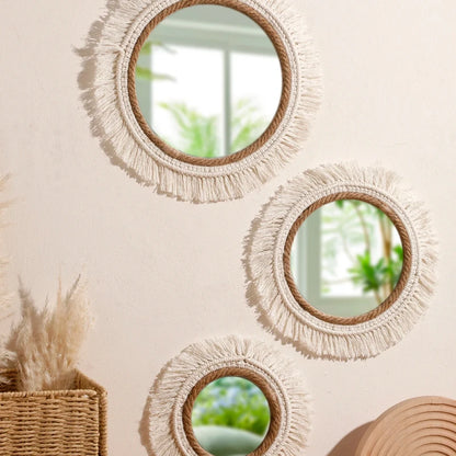 Bohemian Woven Round Wall Mirror — Handmade Boho Decorative Mirror in 3 Sizes