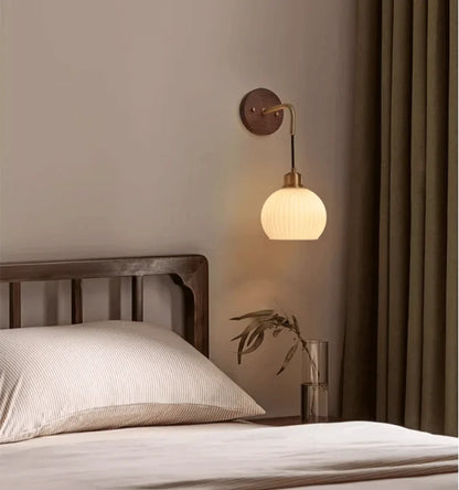 Japanese Retro Copper Wall Lamp — Walnut Wood & Frosted Glass Sconce for Bedroom & Hallway