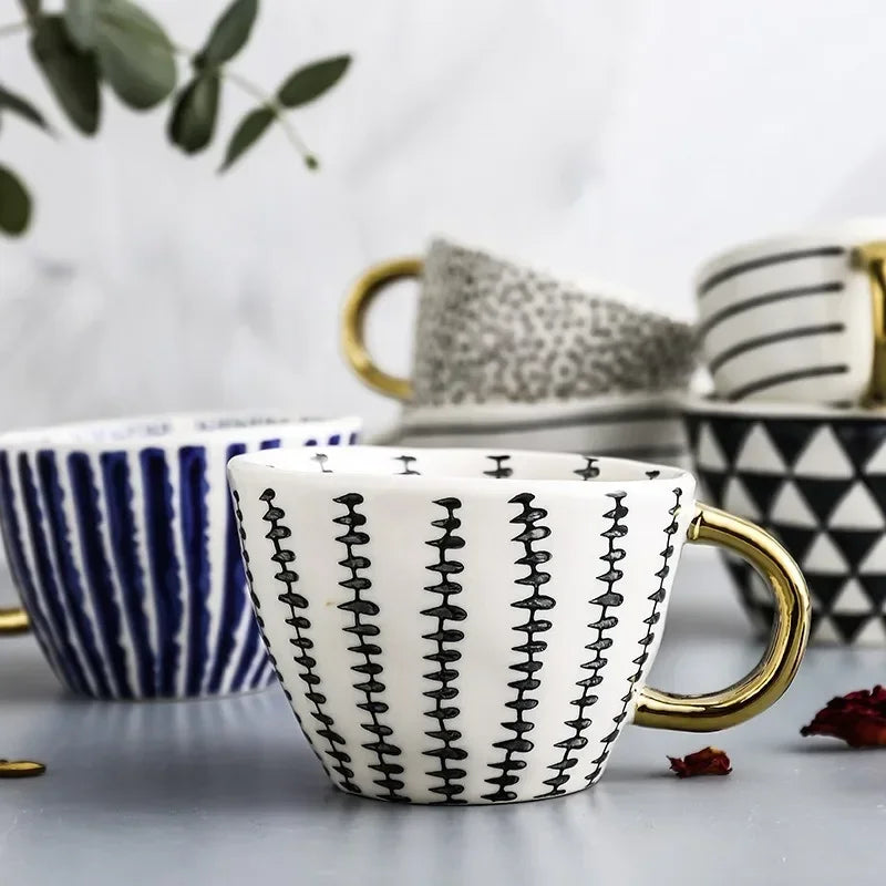 Hand-Painted Geometric Ceramic Mug with Gold Handle — Handmade Irregular Cup for Coffee & Tea