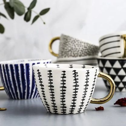 Hand-Painted Geometric Ceramic Mug with Gold Handle — Handmade Irregular Cup for Coffee & Tea