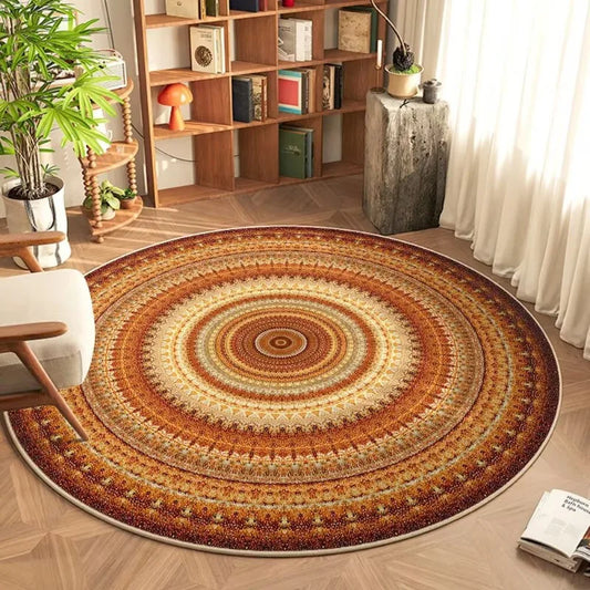 Bohemian Mandala Round Rug — Ethnic Pattern Area Carpet in Orange, Brown & Beige