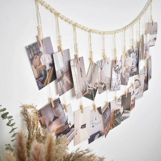 Boho Photo Display Wall Hanging — Wooden Bead & Hemp Rope Macrame with Clips