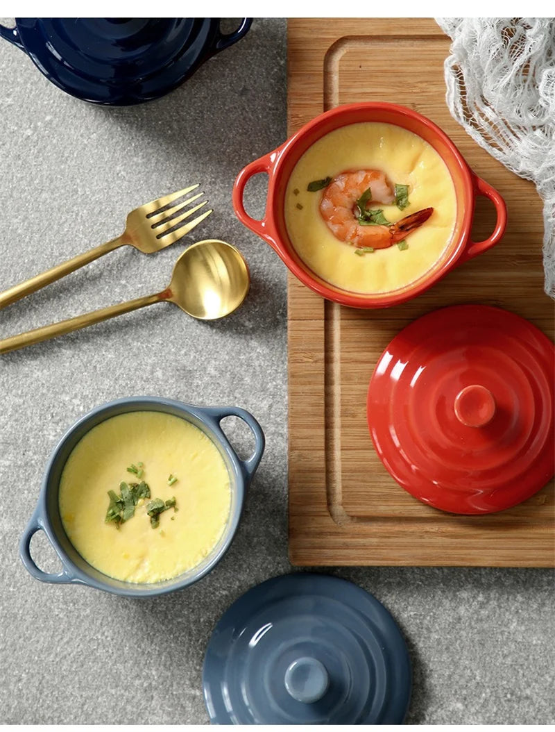 Ceramic Double Ear Bowl with Lid — Glazed Baking Bowl for Steamed Eggs, Soup & Pudding