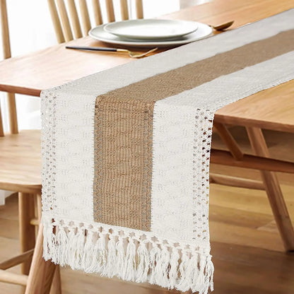 Macrame Tassel Table Runner — Cream & Brown Boho Farmhouse Table Runner in 11 Sizes