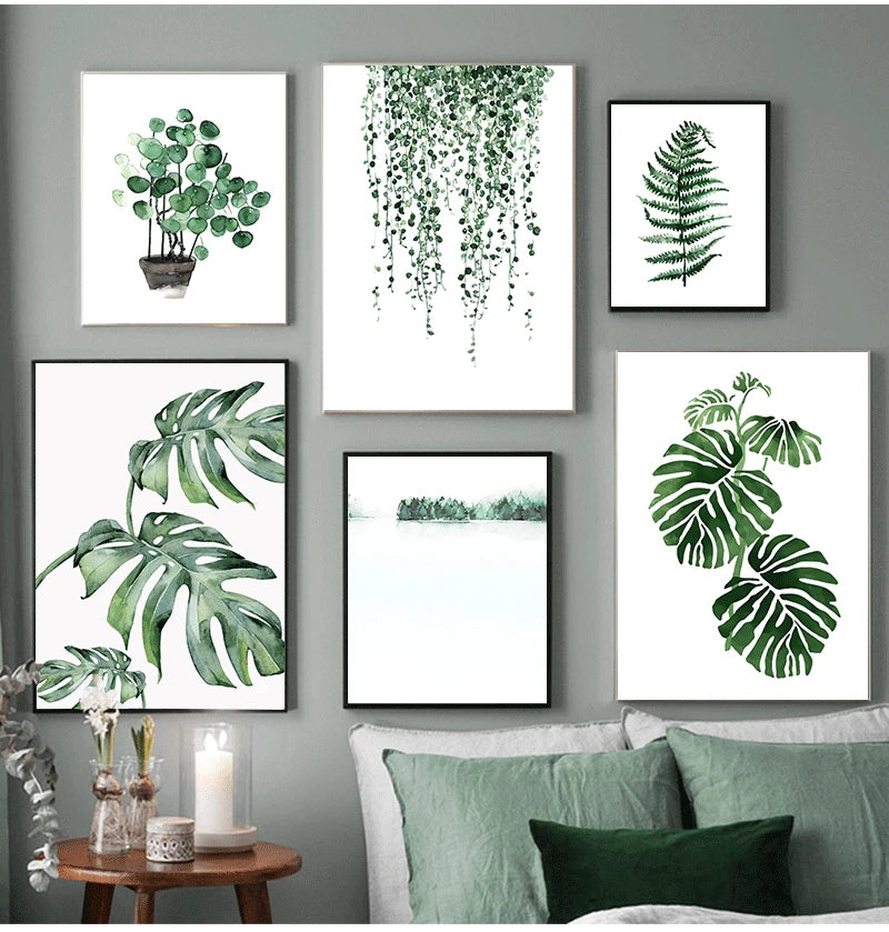 Scandinavian Tropical Leaves Canvas Poster — Unframed Green Botanical Wall Art in 11 Sizes