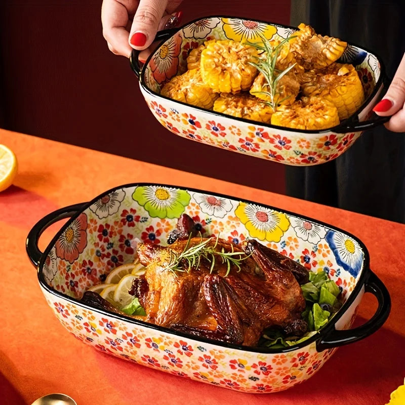 Hand-Painted Floral Porcelain Baking Dish Set — Oven Safe Au Gratin Dish with Handles in 3 Designs