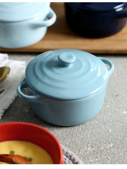 Ceramic Double Ear Bowl with Lid — Glazed Baking Bowl for Steamed Eggs, Soup & Pudding