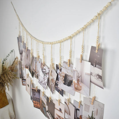 Boho Photo Display Wall Hanging — Wooden Bead & Hemp Rope Macrame with Clips