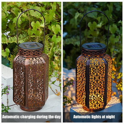 Retro Solar Hanging Lantern — Hollow Iron Outdoor Garden Light for Patio & Yard