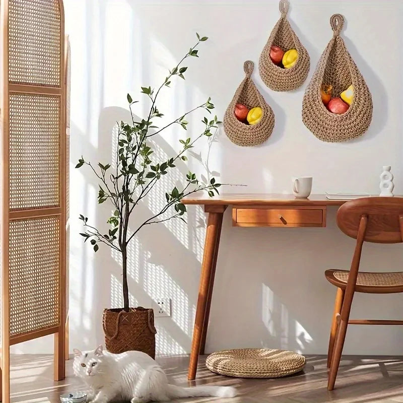 Handwoven Hanging Wall Basket — Natural Plant Fiber Fruit, Vegetable & Plant Organizer