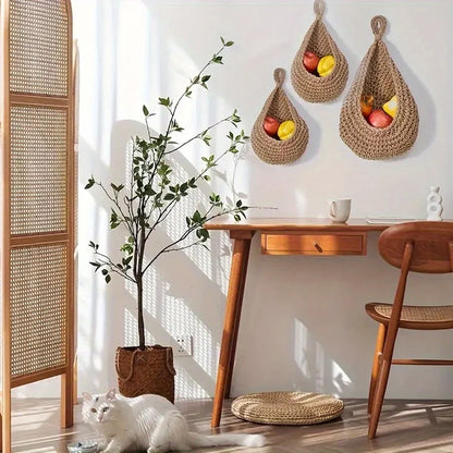 Handwoven Hanging Wall Basket — Natural Plant Fiber Fruit, Vegetable & Plant Organizer