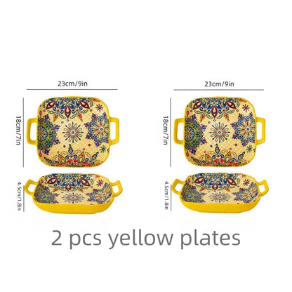 Bohemian Double Ear Ceramic Salad Plate — 9-Inch Square Pasta Dish, Oven & Microwave Safe in 8 Colors