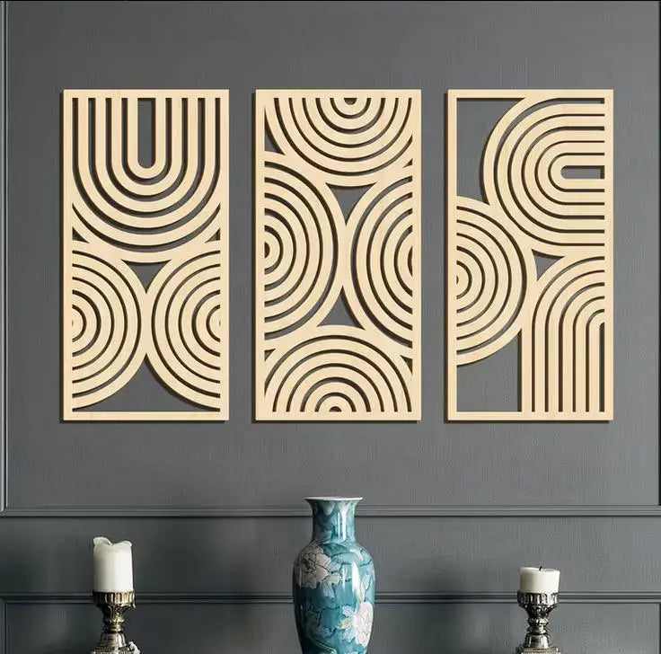 3-Piece Abstract Hollow Arch Wooden Wall Mural Set — Bohemian Wall Art for Kitchen, Bathroom & Living Room