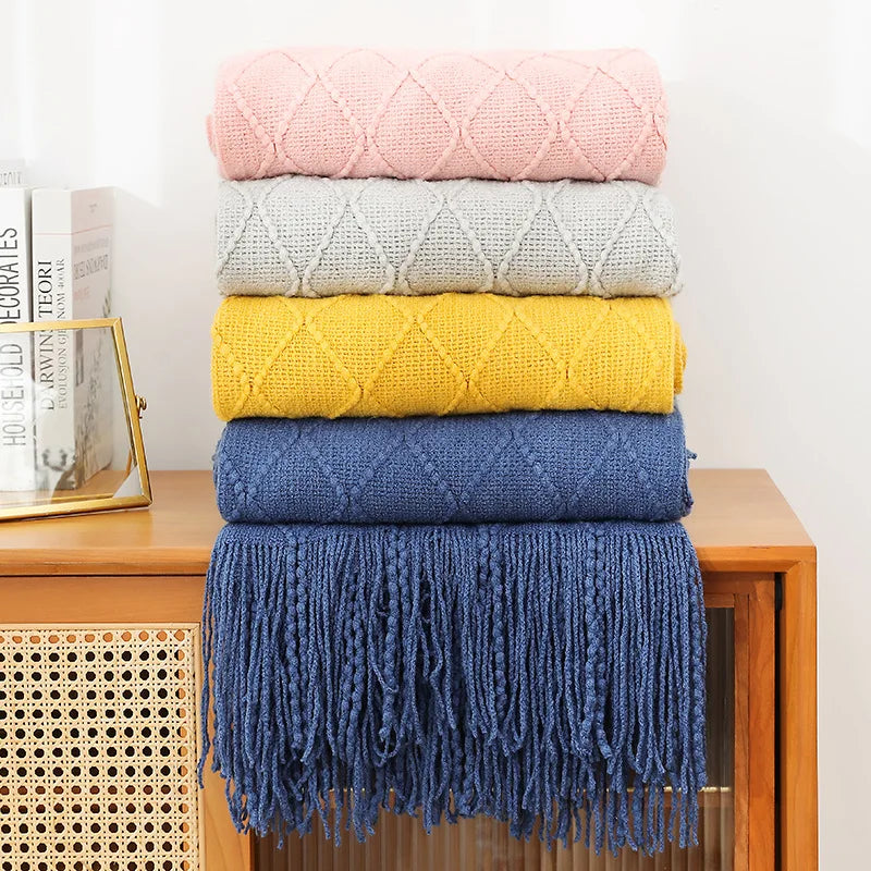 Diamond Knit Throw Blanket with Tassels | Boho Woven Acrylic Blanket