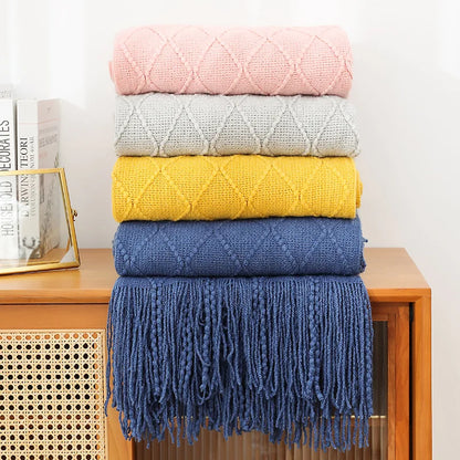 Diamond Knit Throw Blanket with Tassels | Boho Woven Acrylic Blanket