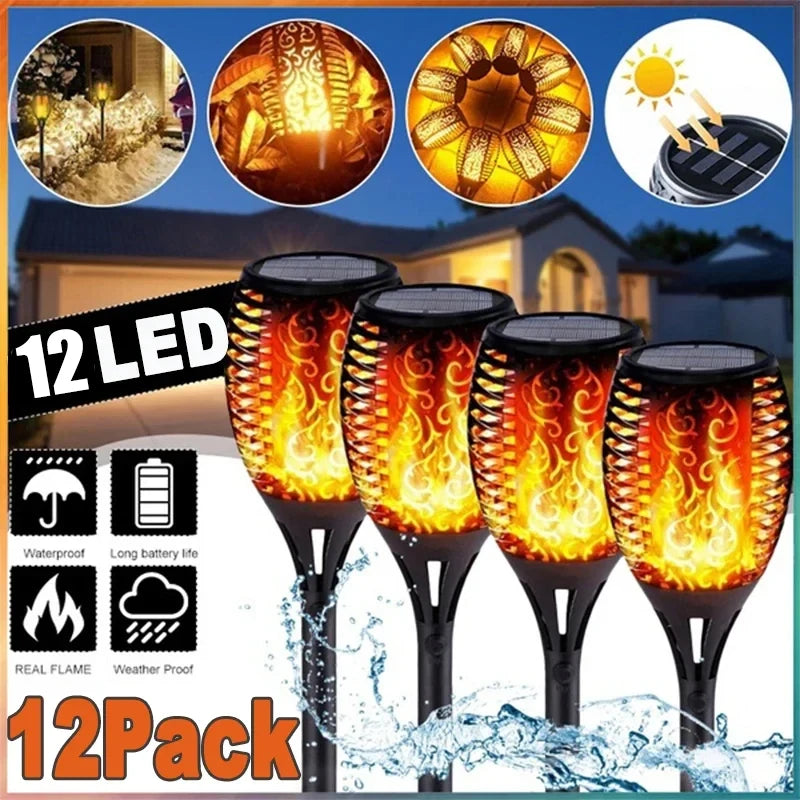 Solar Flame Torch Garden Light — 12-LED Flickering Dusk-to-Dawn Outdoor Stake Lamp, 1 to 12 Pack