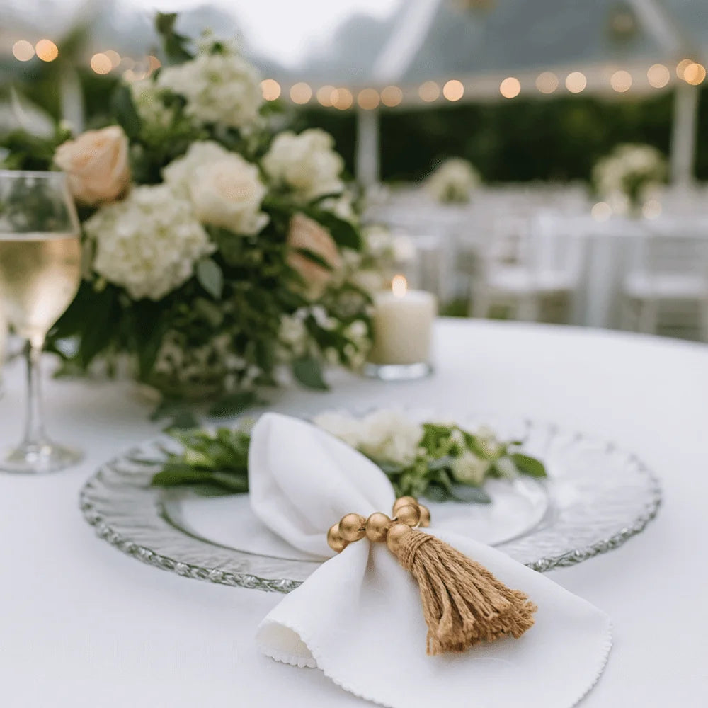 Farmhouse Wooden Bead Napkin Rings — Set of 6 with Tassel String | Handmade Table Decor