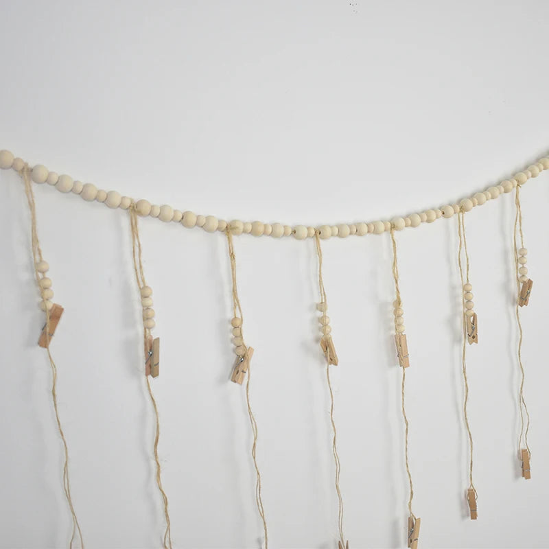 Boho Photo Display Wall Hanging — Wooden Bead & Hemp Rope Macrame with Clips