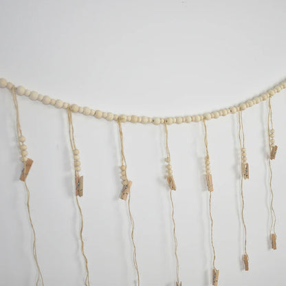 Boho Photo Display Wall Hanging — Wooden Bead & Hemp Rope Macrame with Clips