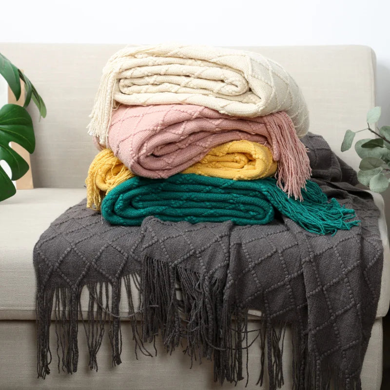 Diamond Knit Throw Blanket with Tassels | Boho Woven Acrylic Blanket