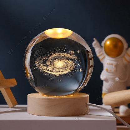 3D Crystal Ball Galaxy Night Light — Laser Engraved LED Lamp with Wooden Base