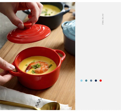 Ceramic Double Ear Bowl with Lid — Glazed Baking Bowl for Steamed Eggs, Soup & Pudding