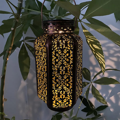 Retro Solar Hanging Lantern — Hollow Iron Outdoor Garden Light for Patio & Yard