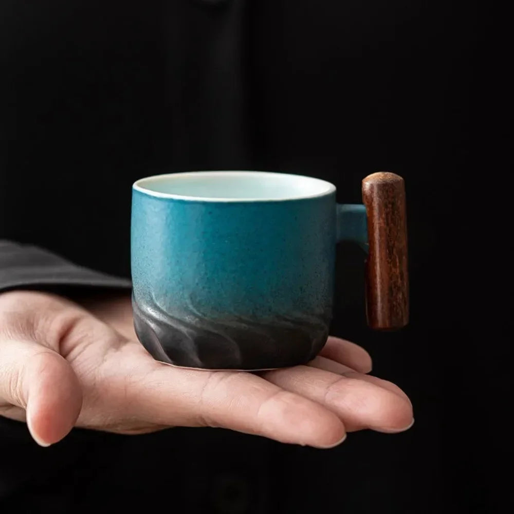 Handmade Kiln-Glazed Ceramic Espresso Mug with Wooden Handle — Retro Italian Style Coffee Cup