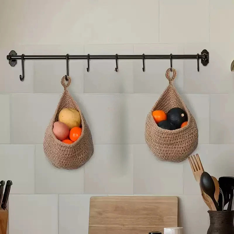 Handwoven Hanging Wall Basket — Natural Plant Fiber Fruit, Vegetable & Plant Organizer