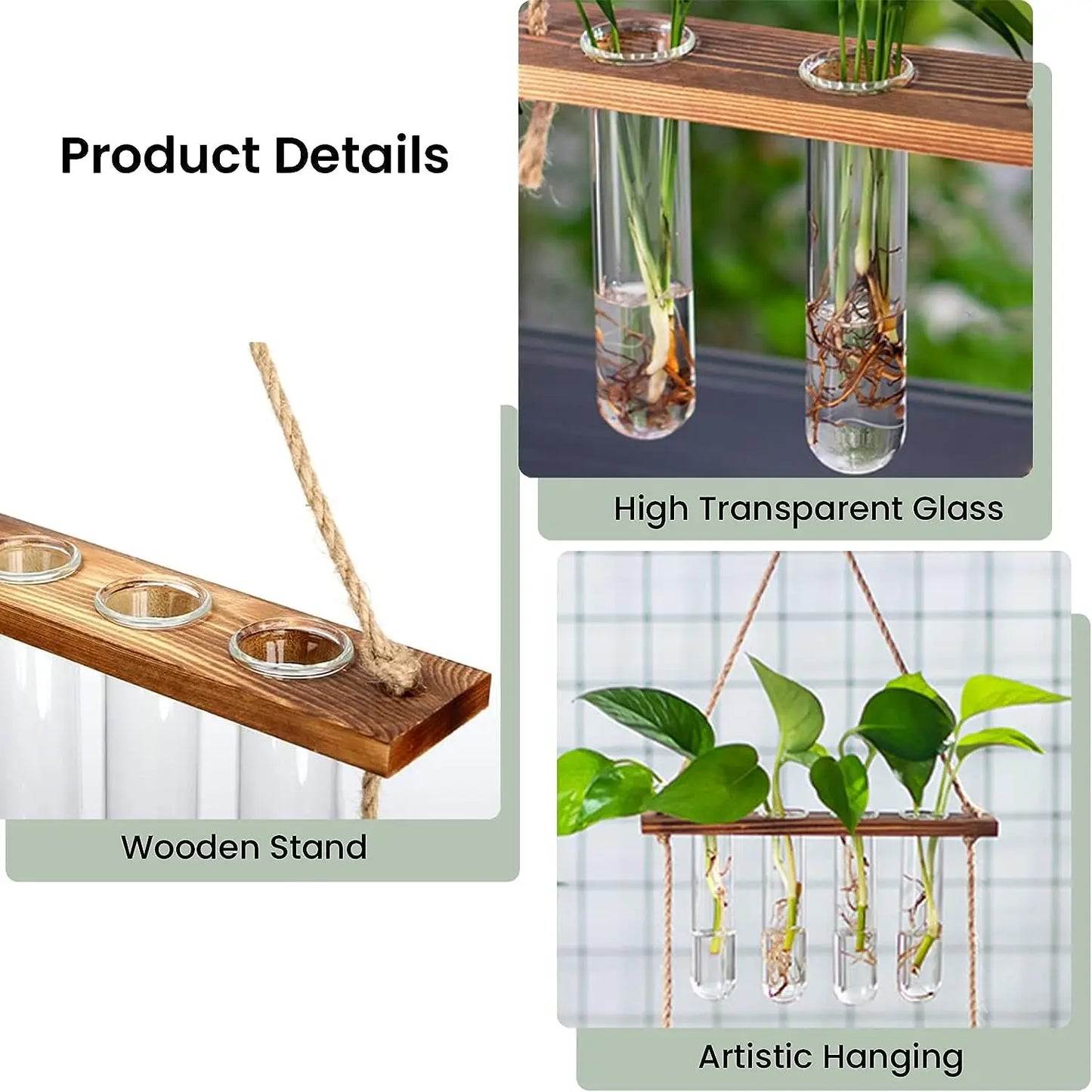 Wall Hanging Glass Test Tube Planter — 2-Layer Wooden Stand Hydroponic Vase & Plant Terrarium