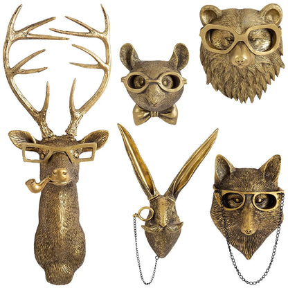 Resin Animal Head Wall Sculpture Set — Whimsical Golden Wall Hanging Decor for Living Room & Bedroom