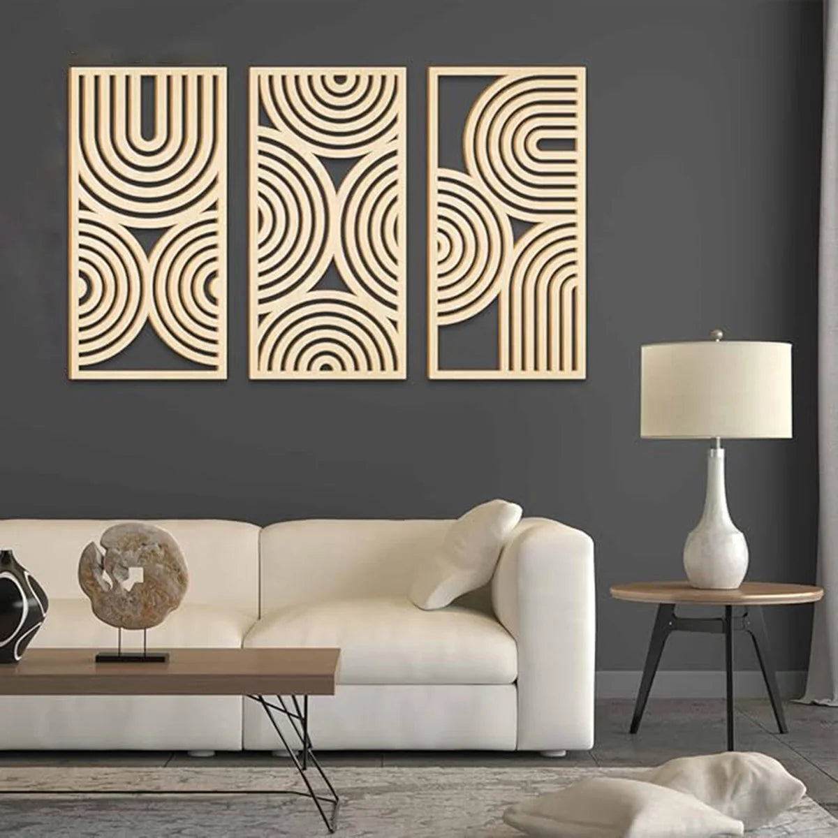 3-Piece Abstract Hollow Arch Wooden Wall Mural Set — Bohemian Wall Art for Kitchen, Bathroom & Living Room