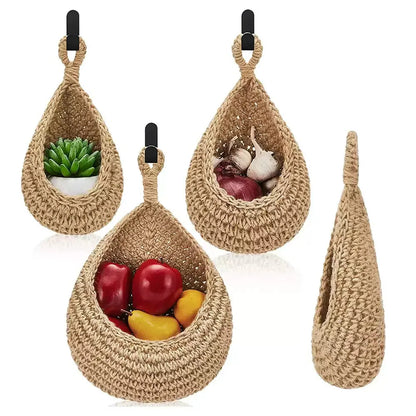 Handwoven Hanging Wall Basket — Natural Plant Fiber Fruit, Vegetable & Plant Organizer