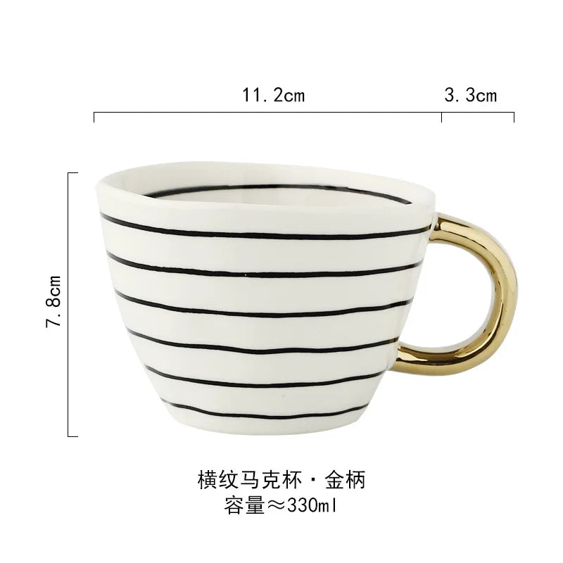 Hand-Painted Geometric Ceramic Mug with Gold Handle — Handmade Irregular Cup for Coffee & Tea