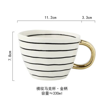 Hand-Painted Geometric Ceramic Mug with Gold Handle — Handmade Irregular Cup for Coffee & Tea